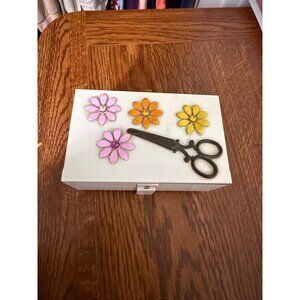 Unbranded Antique Metal Expandable Box Flower and Scissors on Top